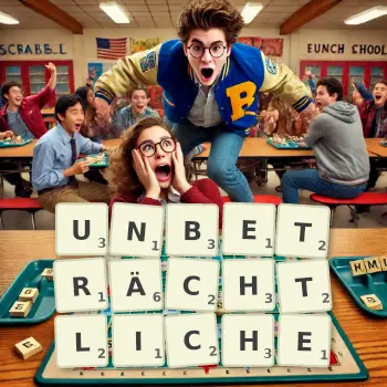 Kreative Illustration für ein Scrabble-Spiel, bei dem das Wort UNBETRÄCHTLICHE mit Steinen auf dem Brett gelegt wurde.