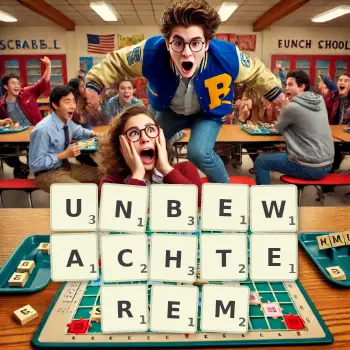 Kreative Illustration für ein Scrabble-Spiel, bei dem das Wort UNBEWACHTEREM mit Steinen auf dem Brett gelegt wurde.