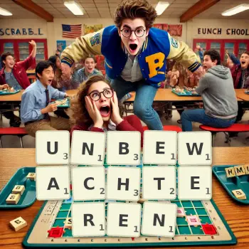Kreative Illustration für ein Scrabble-Spiel, bei dem das Wort UNBEWACHTEREN mit Steinen auf dem Brett gelegt wurde.