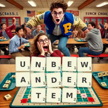 Kreative Illustration für ein Scrabble-Spiel, bei dem das Wort UNBEWANDERTEM mit Steinen auf dem Brett gelegt wurde.