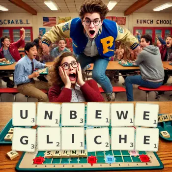 Kreative Illustration für ein Scrabble-Spiel, bei dem das Wort UNBEWEGLICHE mit Steinen auf dem Brett gelegt wurde.