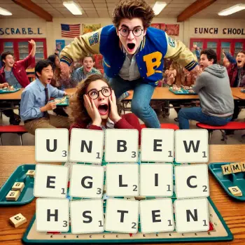 Kreative Illustration für ein Scrabble-Spiel, bei dem das Wort UNBEWEGLICHSTEN mit Steinen auf dem Brett gelegt wurde.