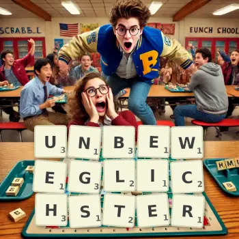 Kreative Illustration für ein Scrabble-Spiel, bei dem das Wort UNBEWEGLICHSTER mit Steinen auf dem Brett gelegt wurde.