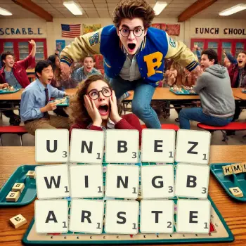 Kreative Illustration für ein Scrabble-Spiel, bei dem das Wort UNBEZWINGBARSTE mit Steinen auf dem Brett gelegt wurde.