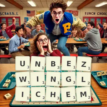 Kreative Illustration für ein Scrabble-Spiel, bei dem das Wort UNBEZWINGLICHEM mit Steinen auf dem Brett gelegt wurde.