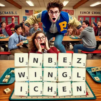 Kreative Illustration für ein Scrabble-Spiel, bei dem das Wort UNBEZWINGLICHEN mit Steinen auf dem Brett gelegt wurde.