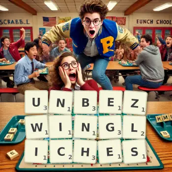 Kreative Illustration für ein Scrabble-Spiel, bei dem das Wort UNBEZWINGLICHES mit Steinen auf dem Brett gelegt wurde.