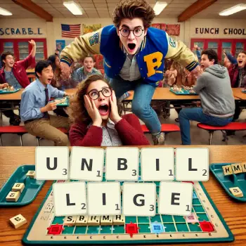 Kreative Illustration für ein Scrabble-Spiel, bei dem das Wort UNBILLIGE mit Steinen auf dem Brett gelegt wurde.