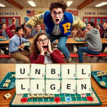 Kreative Illustration für ein Scrabble-Spiel, bei dem das Wort UNBILLIGEN mit Steinen auf dem Brett gelegt wurde.