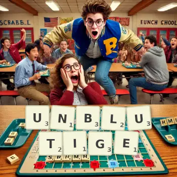 Kreative Illustration für ein Scrabble-Spiel, bei dem das Wort UNBLUTIGE mit Steinen auf dem Brett gelegt wurde.