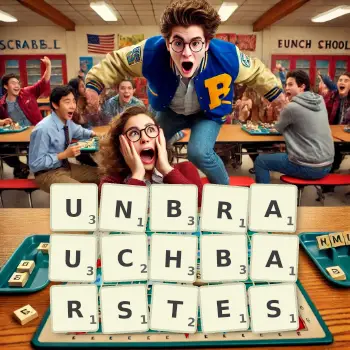 Kreative Illustration für ein Scrabble-Spiel, bei dem das Wort UNBRAUCHBARSTES mit Steinen auf dem Brett gelegt wurde.