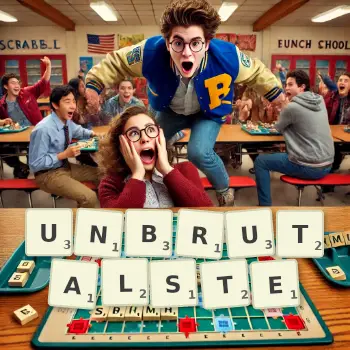 Kreative Illustration für ein Scrabble-Spiel, bei dem das Wort UNBRUTALSTE mit Steinen auf dem Brett gelegt wurde.