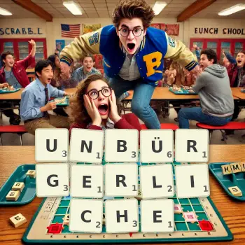 Kreative Illustration für ein Scrabble-Spiel, bei dem das Wort UNBÜRGERLICHE mit Steinen auf dem Brett gelegt wurde.