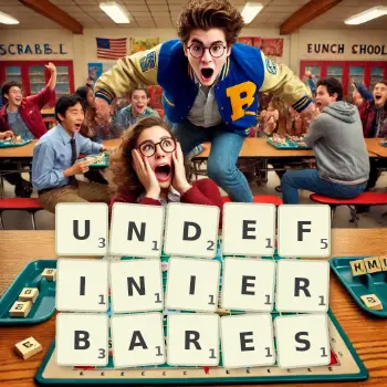 Kreative Illustration für ein Scrabble-Spiel, bei dem das Wort UNDEFINIERBARES mit Steinen auf dem Brett gelegt wurde.