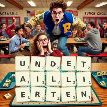 Kreative Illustration für ein Scrabble-Spiel, bei dem das Wort UNDETAILLIERTEN mit Steinen auf dem Brett gelegt wurde.