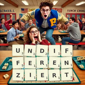 Kreative Illustration für ein Scrabble-Spiel, bei dem das Wort UNDIFFERENZIERT mit Steinen auf dem Brett gelegt wurde.