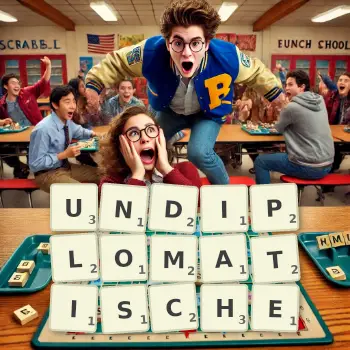 Kreative Illustration für ein Scrabble-Spiel, bei dem das Wort UNDIPLOMATISCHE mit Steinen auf dem Brett gelegt wurde.