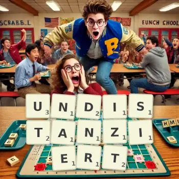 Kreative Illustration für ein Scrabble-Spiel, bei dem das Wort UNDISTANZIERT mit Steinen auf dem Brett gelegt wurde.