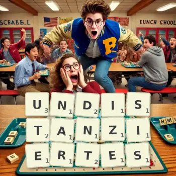 Kreative Illustration für ein Scrabble-Spiel, bei dem das Wort UNDISTANZIERTES mit Steinen auf dem Brett gelegt wurde.