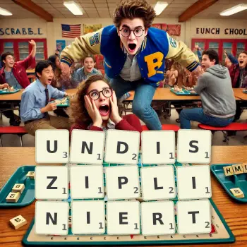 Kreative Illustration für ein Scrabble-Spiel, bei dem das Wort UNDISZIPLINIERT mit Steinen auf dem Brett gelegt wurde.