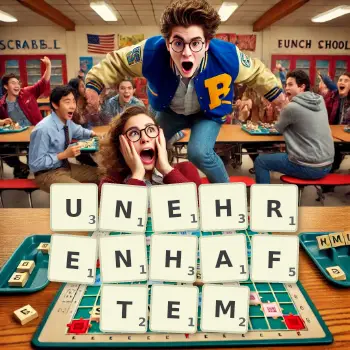 Kreative Illustration für ein Scrabble-Spiel, bei dem das Wort UNEHRENHAFTEM mit Steinen auf dem Brett gelegt wurde.