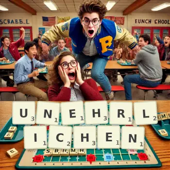 Kreative Illustration für ein Scrabble-Spiel, bei dem das Wort UNEHRLICHEN mit Steinen auf dem Brett gelegt wurde.