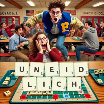 Kreative Illustration für ein Scrabble-Spiel, bei dem das Wort UNEIDLICH mit Steinen auf dem Brett gelegt wurde.