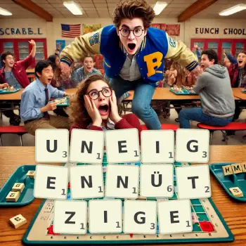 Kreative Illustration für ein Scrabble-Spiel, bei dem das Wort UNEIGENNÜTZIGE mit Steinen auf dem Brett gelegt wurde.