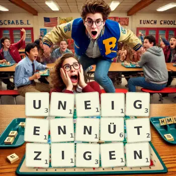 Kreative Illustration für ein Scrabble-Spiel, bei dem das Wort UNEIGENNÜTZIGEN mit Steinen auf dem Brett gelegt wurde.