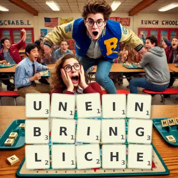 Kreative Illustration für ein Scrabble-Spiel, bei dem das Wort UNEINBRINGLICHE mit Steinen auf dem Brett gelegt wurde.