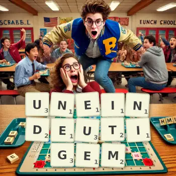 Kreative Illustration für ein Scrabble-Spiel, bei dem das Wort UNEINDEUTIGEM mit Steinen auf dem Brett gelegt wurde.