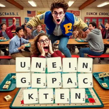 Kreative Illustration für ein Scrabble-Spiel, bei dem das Wort UNEINGEPACKTEN mit Steinen auf dem Brett gelegt wurde.