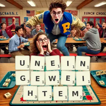 Kreative Illustration für ein Scrabble-Spiel, bei dem das Wort UNEINGEWEIHTEM mit Steinen auf dem Brett gelegt wurde.