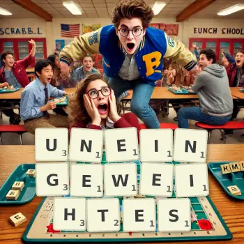 Kreative Illustration für ein Scrabble-Spiel, bei dem das Wort UNEINGEWEIHTES mit Steinen auf dem Brett gelegt wurde.