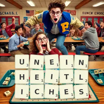 Kreative Illustration für ein Scrabble-Spiel, bei dem das Wort UNEINHEITLICHES mit Steinen auf dem Brett gelegt wurde.