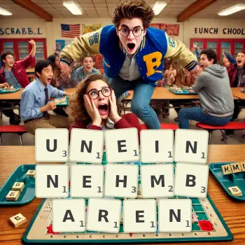 Kreative Illustration für ein Scrabble-Spiel, bei dem das Wort UNEINNEHMBAREN mit Steinen auf dem Brett gelegt wurde.