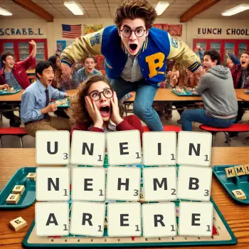 Kreative Illustration für ein Scrabble-Spiel, bei dem das Wort UNEINNEHMBARERE mit Steinen auf dem Brett gelegt wurde.