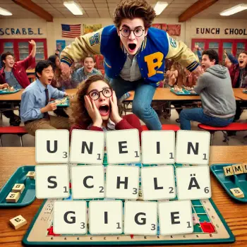 Kreative Illustration für ein Scrabble-Spiel, bei dem das Wort UNEINSCHLÄGIGE mit Steinen auf dem Brett gelegt wurde.