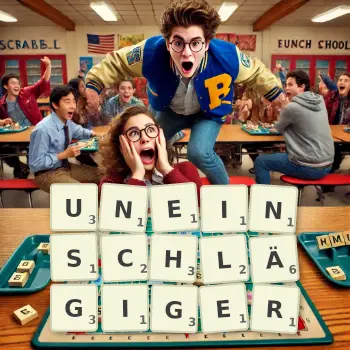 Kreative Illustration für ein Scrabble-Spiel, bei dem das Wort UNEINSCHLÄGIGER mit Steinen auf dem Brett gelegt wurde.