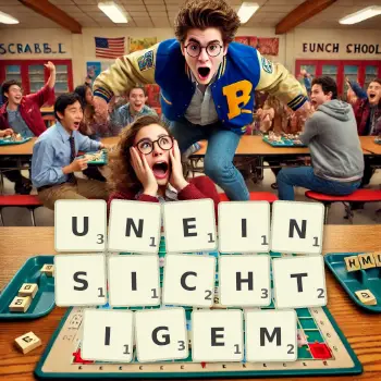 Kreative Illustration für ein Scrabble-Spiel, bei dem das Wort UNEINSICHTIGEM mit Steinen auf dem Brett gelegt wurde.