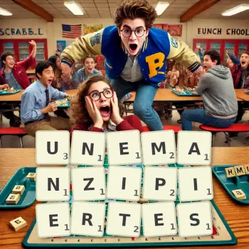 Kreative Illustration für ein Scrabble-Spiel, bei dem das Wort UNEMANZIPIERTES mit Steinen auf dem Brett gelegt wurde.