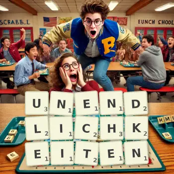 Kreative Illustration für ein Scrabble-Spiel, bei dem das Wort UNENDLICHKEITEN mit Steinen auf dem Brett gelegt wurde.