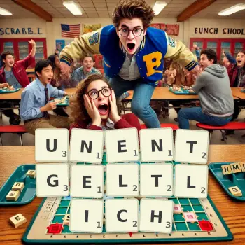 Kreative Illustration für ein Scrabble-Spiel, bei dem das Wort UNENTGELTLICH mit Steinen auf dem Brett gelegt wurde.