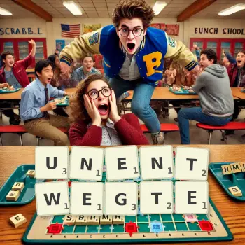 Kreative Illustration für ein Scrabble-Spiel, bei dem das Wort UNENTWEGTE mit Steinen auf dem Brett gelegt wurde.