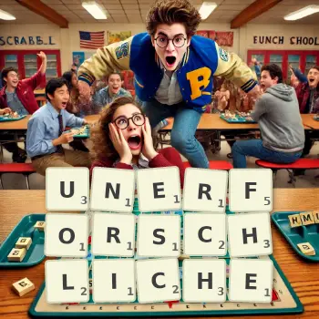 Kreative Illustration für ein Scrabble-Spiel, bei dem das Wort UNERFORSCHLICHE mit Steinen auf dem Brett gelegt wurde.