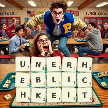 Kreative Illustration für ein Scrabble-Spiel, bei dem das Wort UNERHEBLICHKEIT mit Steinen auf dem Brett gelegt wurde.