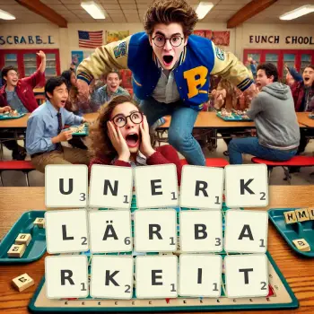 Kreative Illustration für ein Scrabble-Spiel, bei dem das Wort UNERKLÄRBARKEIT mit Steinen auf dem Brett gelegt wurde.