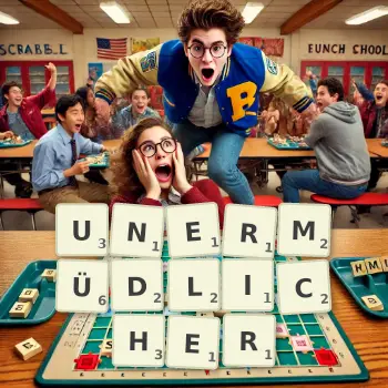 Kreative Illustration für ein Scrabble-Spiel, bei dem das Wort UNERMÜDLICHER mit Steinen auf dem Brett gelegt wurde.