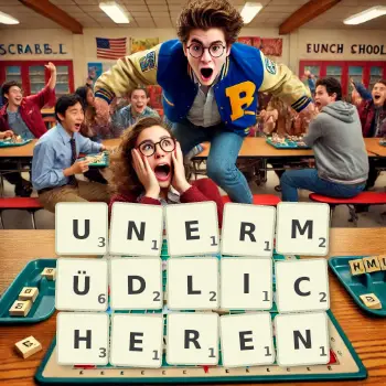 Kreative Illustration für ein Scrabble-Spiel, bei dem das Wort UNERMÜDLICHEREN mit Steinen auf dem Brett gelegt wurde.