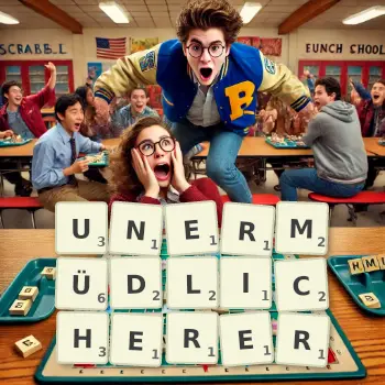 Kreative Illustration für ein Scrabble-Spiel, bei dem das Wort UNERMÜDLICHERER mit Steinen auf dem Brett gelegt wurde.